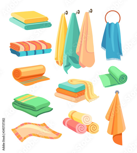 Colorful stylish bath and kitchen towels flat icon kit. Cartoon fabric hanging on hook, rolled and folded cloth vector illustration set. Fluffy textile for wiping. Clean and decoration concept