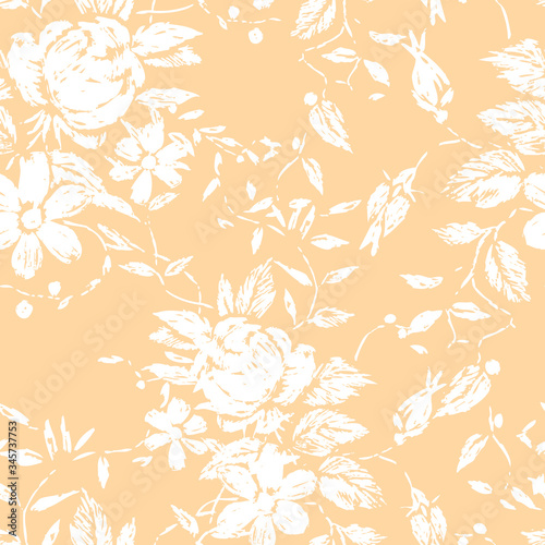 Seamless floral background of silhouettes roses and daisies sketches