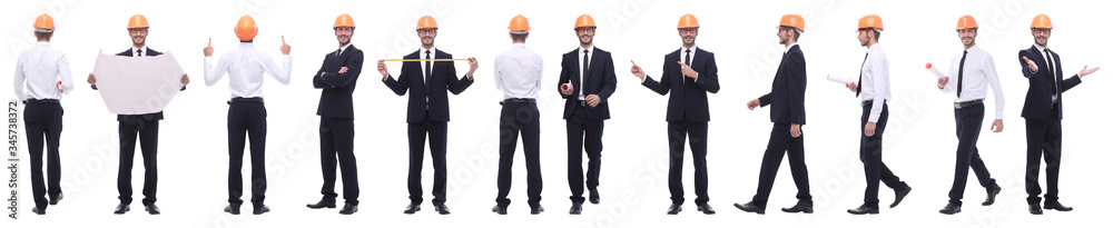 panoramic photo collage of confident architect isolated on white panoramic photo collage of confident architect isolated on white