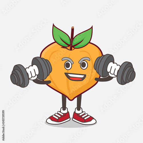 Eggfruit cartoon mascot character on fitness exercise trying barbells