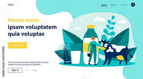 Happy young farmer standing near cow flat vector illustration. Man holding bucket with milk. Fresh milk with calcium and casein. Huge bottle and glass. Lactose diet and health concept.