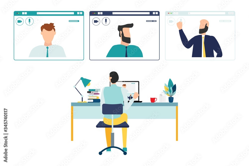 Video call conference, working from home, social distancing, business discussion Video call conference, working from home, social distancing, business discussion