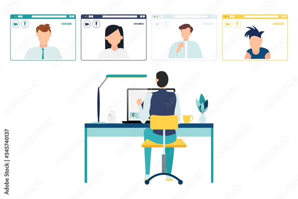 Video call conference, working from home, social distancing, business discussion Video call conference, working from home, social distancing, business discussion