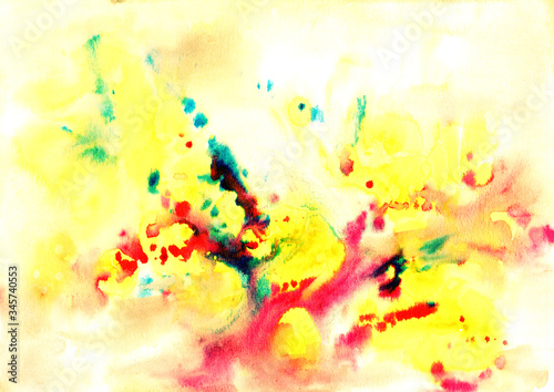 Abstract background  hand-painted texture  watercolor  splashes  drops of paint  paint strokes. Pink  yellow dust  pattern. spray of powder  cosmetics for face  body. Design for backgrounds  wallpaper