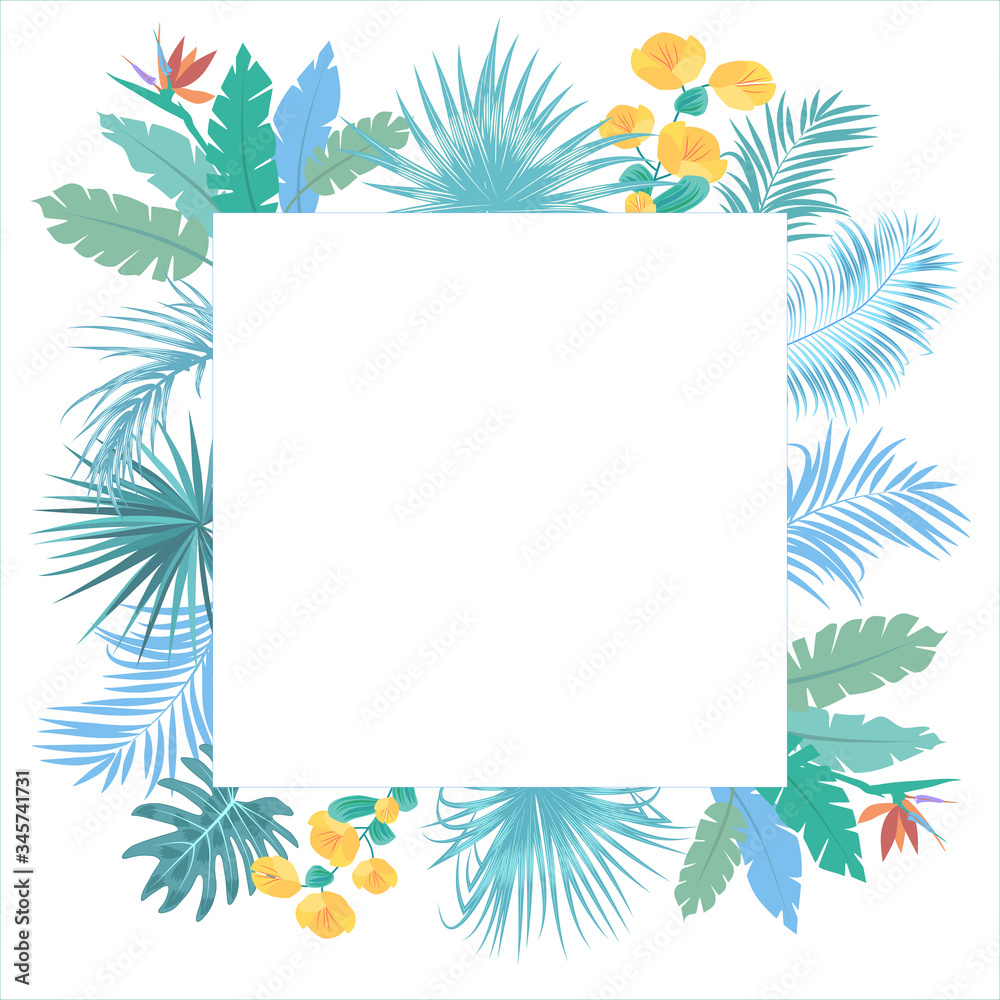 Vector tropical jungle frame with palm trees leaves and flowers