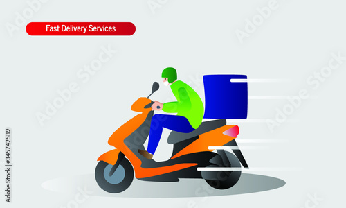Scooter with delivery man flat vector illustration cartoon character. Fast courier.  service, mail delivery service, a postal etc photo