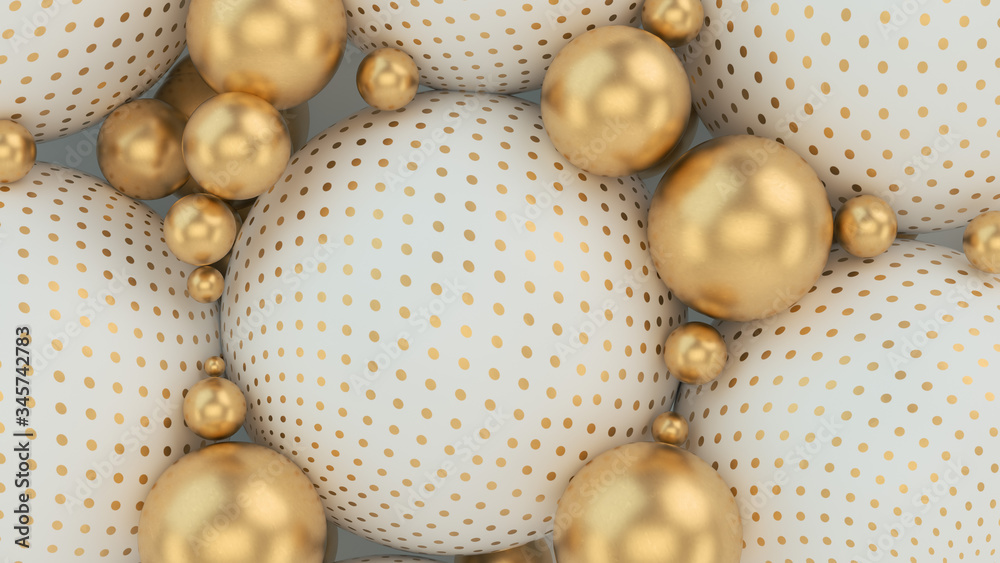 Fototapeta premium Abstract background with 3d spheres. Gold and white bubbles. Jewelry cover concept. Horizontal banner. Decor element for design. Volume elements, balls, texture, lines, colorful. 3d illustration