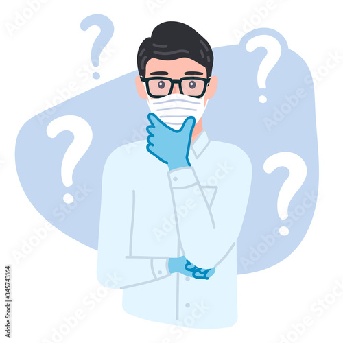 Thinking young man character with a curious expression. Pensive male with a question marks