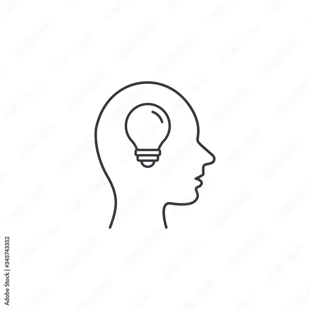 Head with lamp bulb line icon. Human head idea symbol. Vector