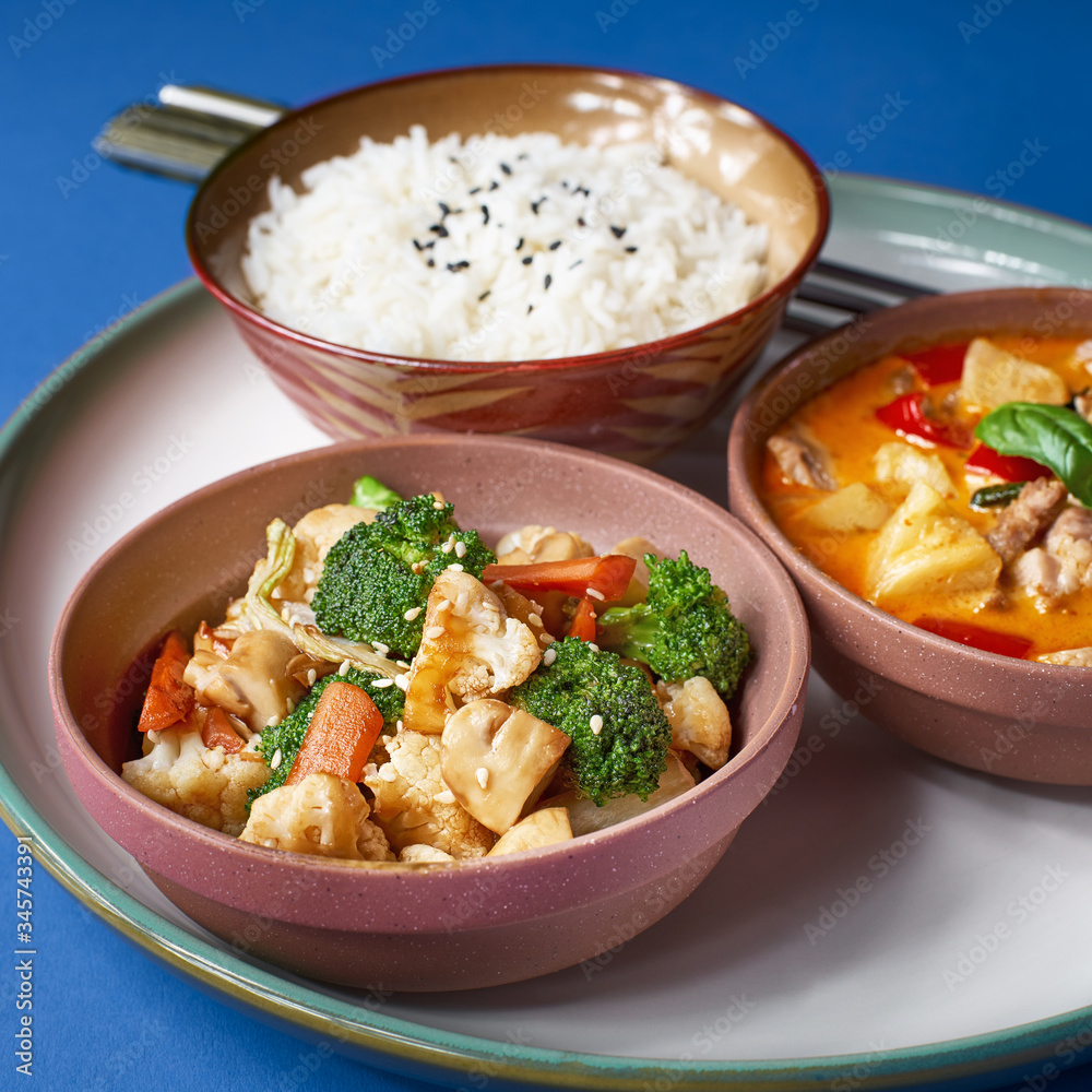 Rice porridge with pork and vegetables. Traditional Chinese holiday food set. Rice porridge with pork and vegetables. Traditional Chinese holiday food set.