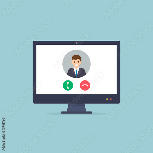 Video call application on pc computer screen. Flat vector illustration