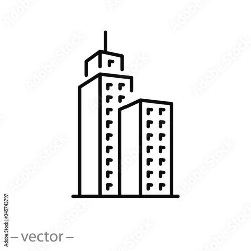 office building icon, modern urban skyscraper, business estate, city hotel, thin line web symbol on white background - editable stroke vector illustration eps10