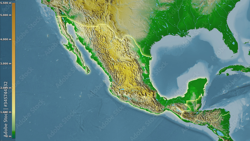 Mexico, topographic physical - light glow