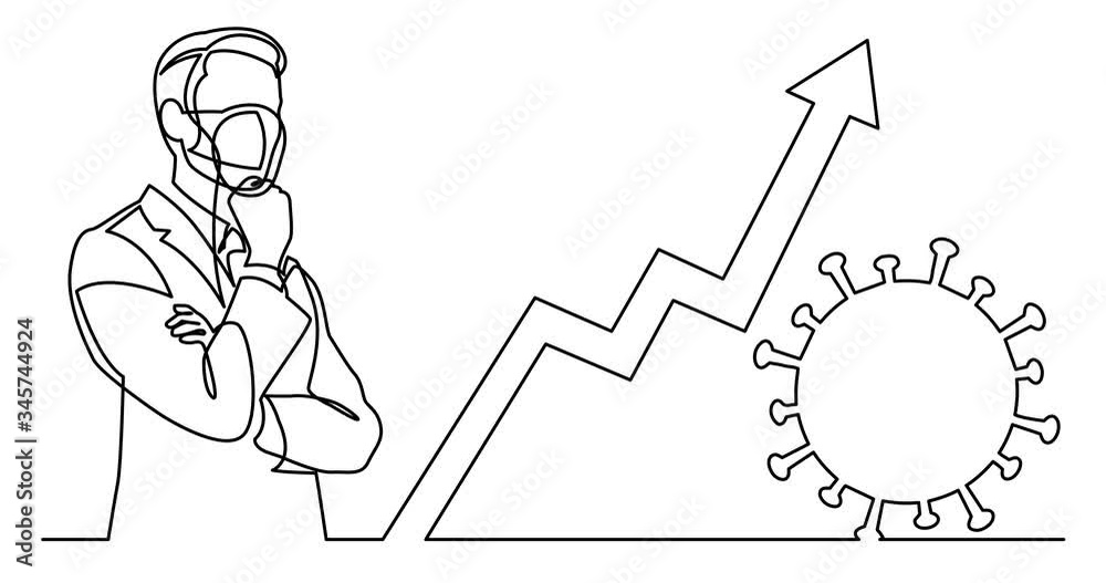 Animation of continuous line drawing of man in protective mask concerning about number of coronavirus cases skyrocketing Animation of continuous line drawing of man in protective mask concerning about number of coronavirus cases skyrocketing