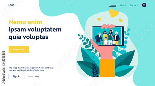 Hand holding phone with family photo on screen flat vector illustration. Picture of parents, grandparents and children on smartphone. Digital technology and relations concept