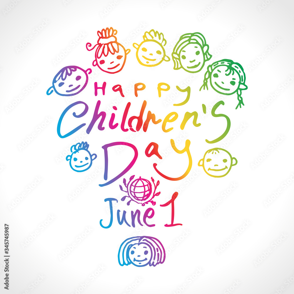 Happy Children's Day. Doodle holiday illustration to the International Children's Day. The logo is drawn by marker. Children Art style sketch. Vector logo with funny baby faces by June 1.
