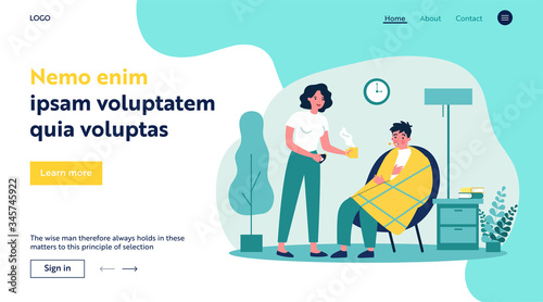 Young beautiful woman giving medicine to sick man in plaid flat vector illustration. Cartoon person sitting in armchair, having flu and getting cold. Healthcare and sickness concept.