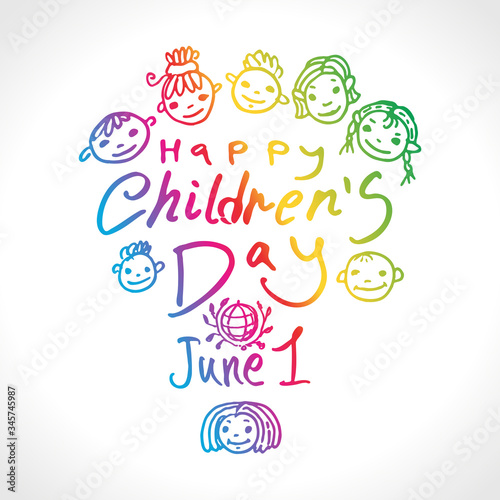 Happy Children's Day. Doodle holiday illustration to the International Children's Day. The logo is drawn by marker. Children Art style sketch. Vector logo with funny baby faces by June 1. 