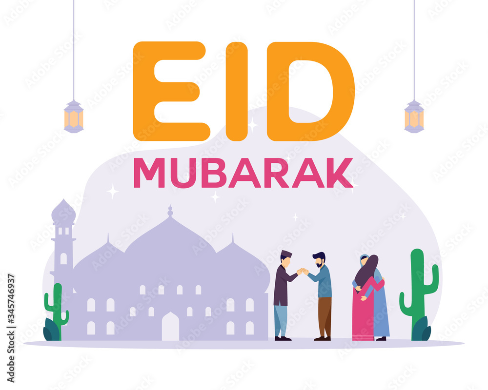 islamic design illustration concept for Happy eid mubarak or ramadan greeting with people character