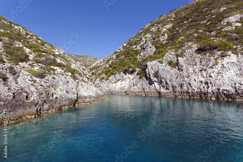 Horizontal seascape on Zakynthos island, Greece with turquoise sea and blue sky.