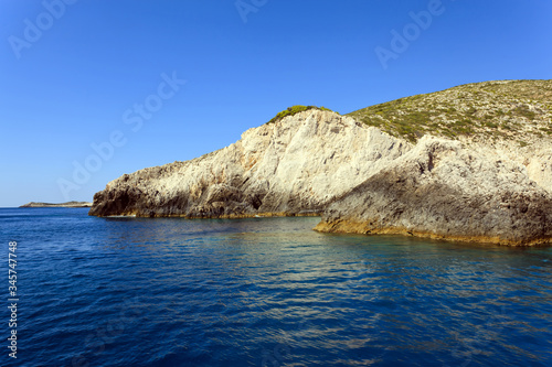 Horizontal seascape on Zakynthos island  Greece with turquoise sea and blue sky.