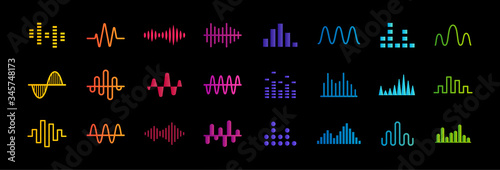 Set of music equalizer icons, sound waves lines, rate and chart bar symbols collection, heart pulse medical sign, vector illustration