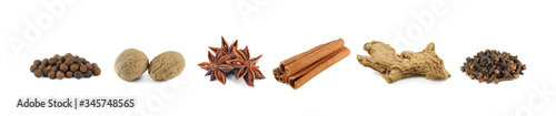 Photos Set of dry spices isolated on white background: allspice, nutmeg, star anise, ci