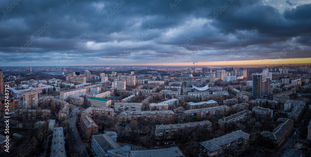 Dramatic red sunset city view of Kyiv (Kiev) Ukraine