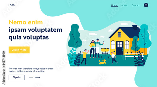 Fototapeta Naklejka Na Ścianę i Meble -  Happy family doing barbecue at garden flat vector illustration. Mother and father cooking outdoor near house. Kids playing with dog at backyard. BBQ party and weekend concept