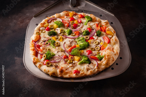 Vegetable Pizza on the scoop. Dark background.