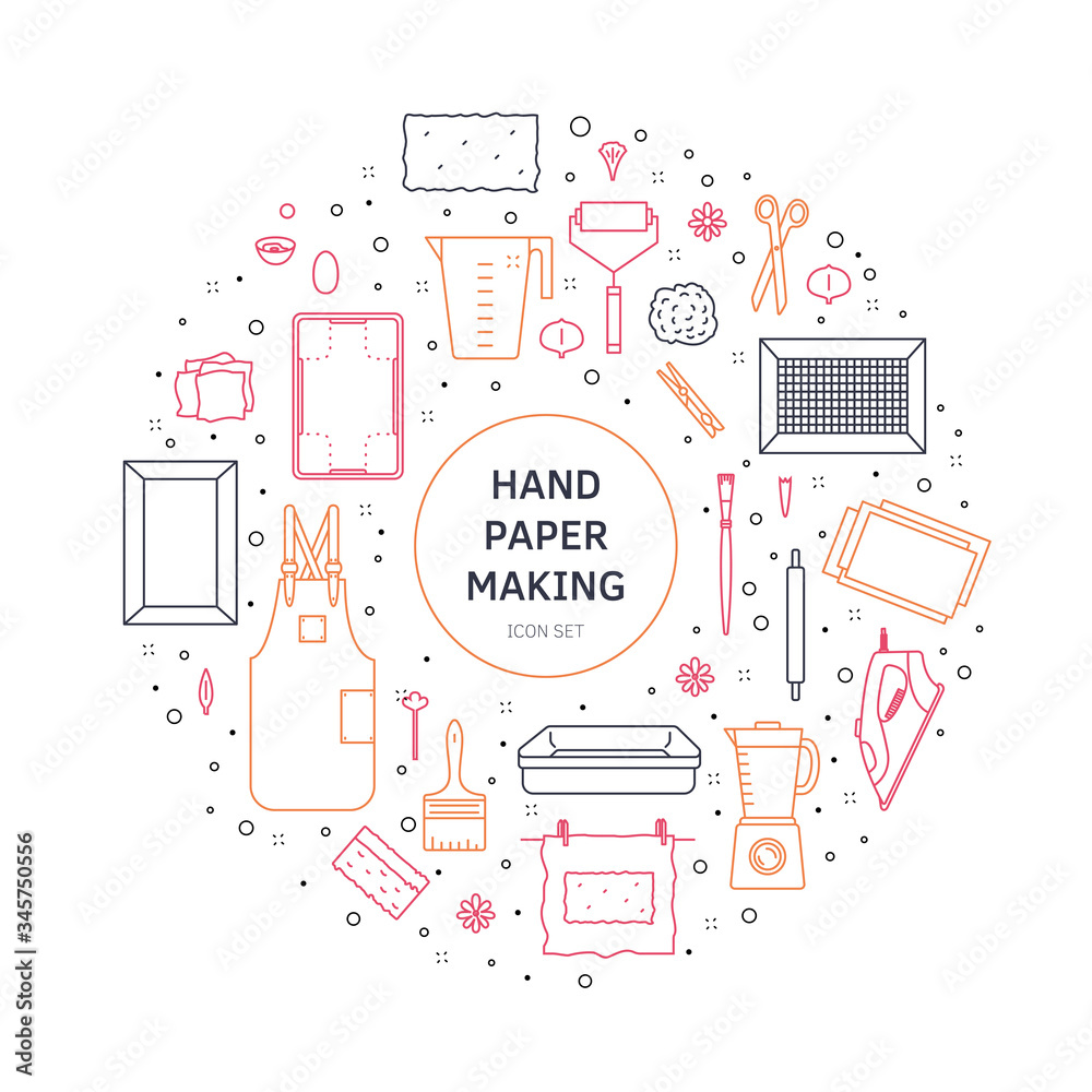 Vector illustration. Thin line icons of the items for hand papermaking