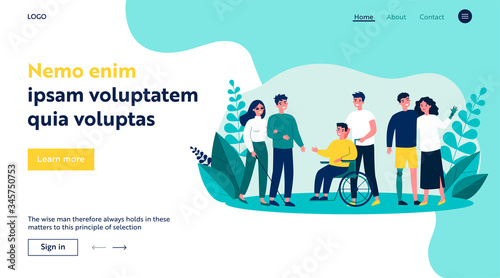 Volunteers helping disabled people. Group of men and women with special needs, on wheelchair, with prosthesis. Vector illustration for support, diversity, disability, lifestyle concept