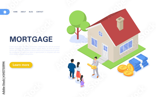 Mortgage banner concept. A young family with a child receives a key to an apartment building. Real estate purchase and rental.