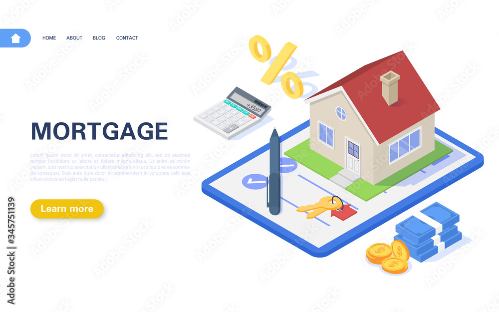 Mortgage banner concept. Residential building with a mortgage agreement on a white background. Real estate purchase and rental.