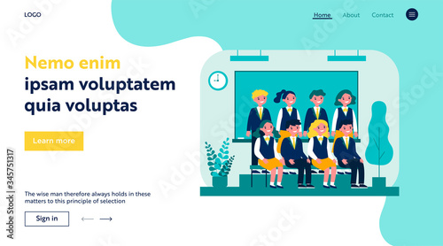 Happy students posing for photo in classroom. Cheerful teen girls and guys in school uniforms sitting and standing at blackboard. Vector illustration for photography, classmates, education concept
