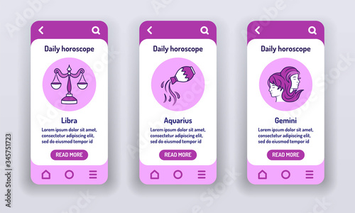 Daily horoscope on mobile app onboarding screens. Predictions and human character. Elements air. Banners for website on violet background and mobile kit development. UI UX GUI template.