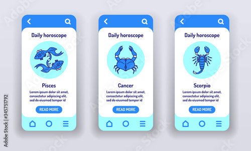 Daily horoscope on mobile app onboarding screens. Predictions and human character. Elements water. Banners for website on blue background and mobile kit development. UI UX GUI template.