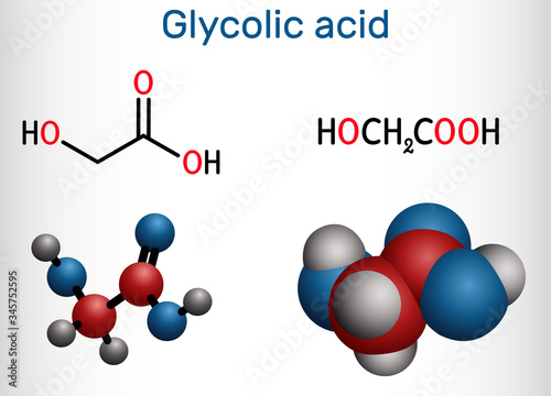 Glycolic acid, hydroacetic or hydroxyacetic acid, C2H4O3 molecule. It is alpha-hydroxy acid, AHA.  Structural chemical formula and molecule model photo