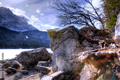 mountain landscape with rocks and lake