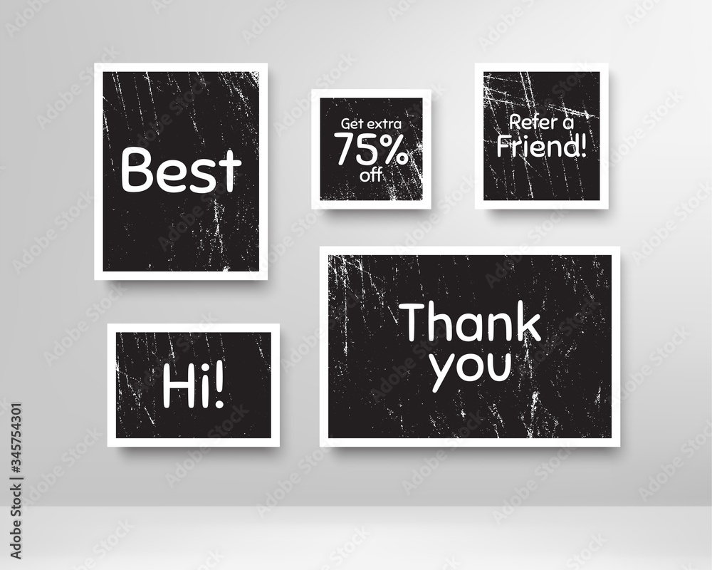 Best, 75% discount and refer friend. Black photo frames with scratches. Thank you phrase. Sale shopping text. Grunge photo frames. Images on wall, retro memory album. Realistic photograph card. Vector Best, 75% discount and refer friend. Black photo frames with scratches. Thank you phrase. Sale shopping text. Grunge photo frames. Images on wall, retro memory album. Realistic photograph card. Vector