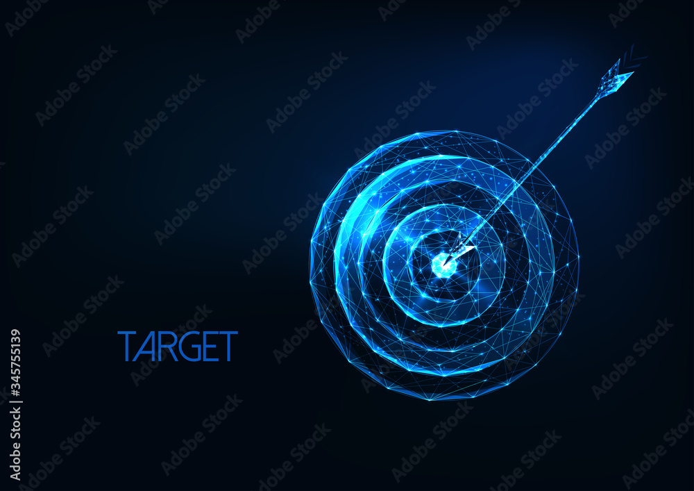 Futuristic success, goal concept with glowing low polygonal target and arrow