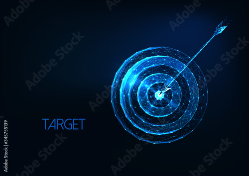 Futuristic success, goal concept with glowing low polygonal target and arrow