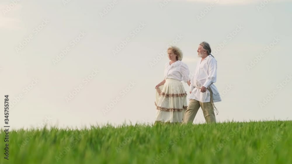 Happy retired couple walking together in the green agricultural field, older couple hugging on a sunny day, smiling couple enjoying retirement Happy retired couple walking together in the green agricultural field, older couple hugging on a sunny day, smiling couple enjoying retirement