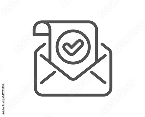 Confirmed mail line icon. Approved email letter sign. Verified correspondence symbol. Quality design element. Editable stroke. Linear style confirmed mail icon. Vector