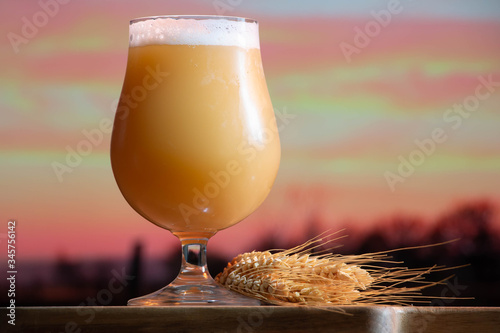 Wallpaper Mural Poured glass of a creamy, hazy India pale ale craft beer from a small micro brewer, with a sunset farm background