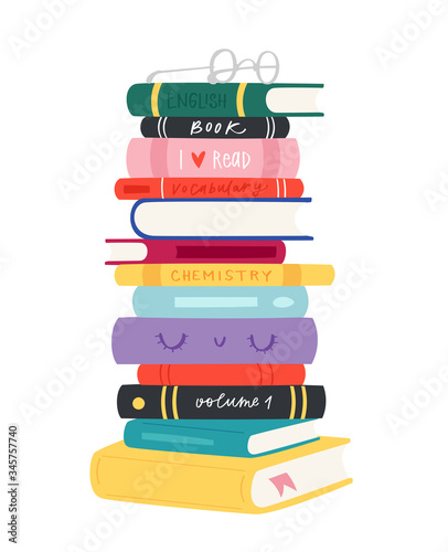 Cartoon reading set of hadrdrawn books. Vector illustration for reading lovers with open books, piles, colorful covers, in a stack, in a group, closed for web, library, store, study.