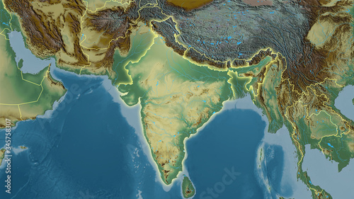 India, topographic relief - light glow