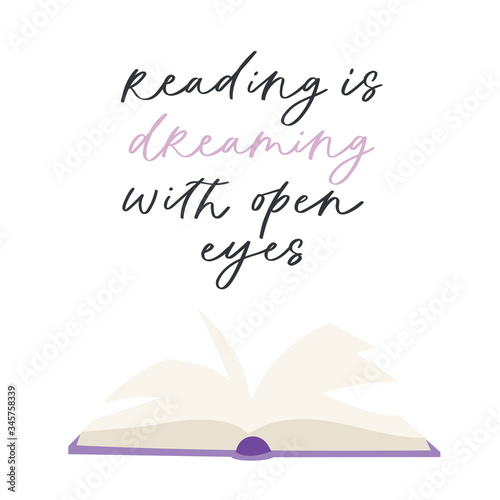 Cartoon hand drawn vector Illustration of books with calligraphy text. Lettering  quotes and drawing object for read lovers isolated on white background. Reading motivation for design, cards, posters