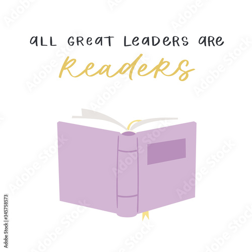 Cartoon hand drawn vector Illustration of books with calligraphy text. Lettering  quotes and drawing object for read lovers isolated on white background. Reading motivation for design, cards, posters