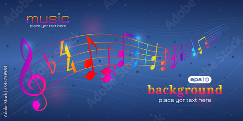 Music notes. Musical symphony. Waving melody. Stylish notes and wave line on black background. Music elements and symbols for design prints. Tune notes and clef on waves swirl. Musical note. Vector